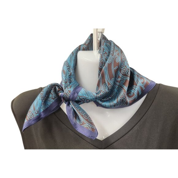 Silk Square Scarf Brown & Turquoise Paisley Design 20"x20" Elegant Soft Handkerc - Picture 10 of 12